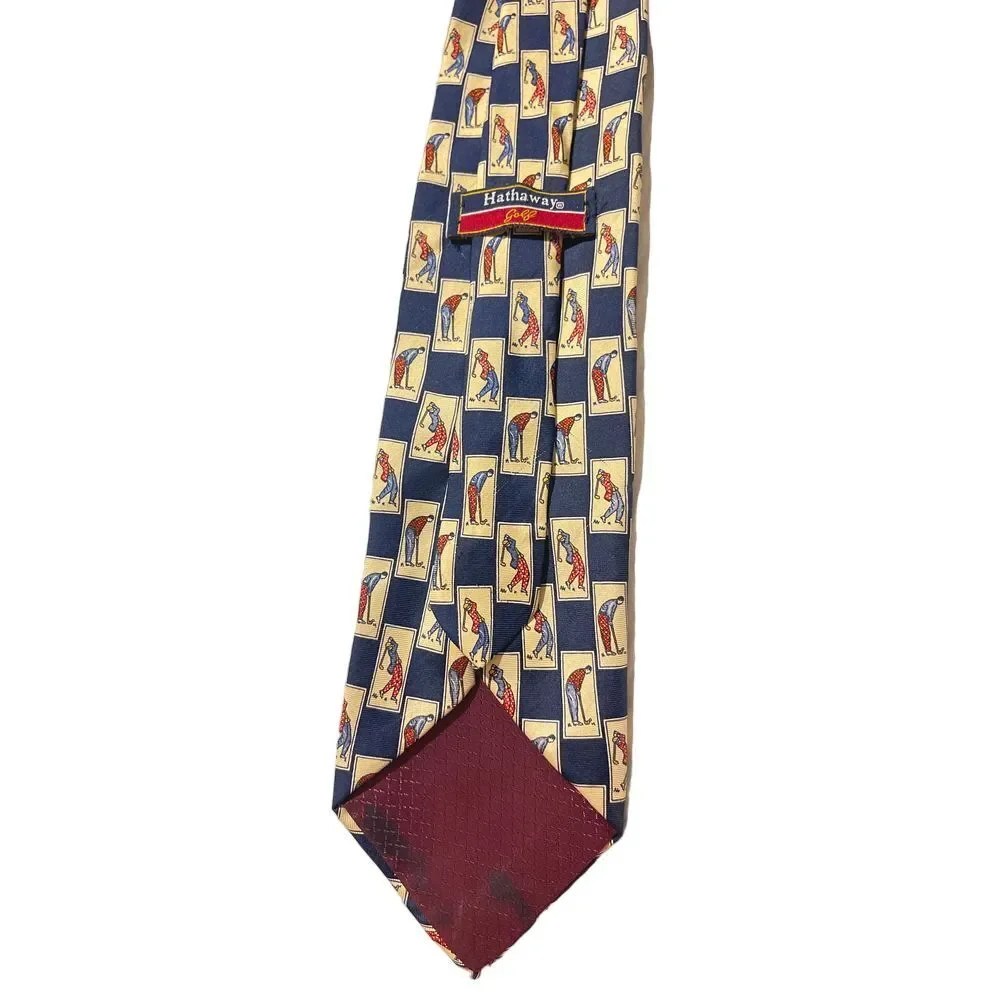 Hathaway‎ Silk Golf Theme Necktie Navy Blue Yellow Checkered Pattern Z-3